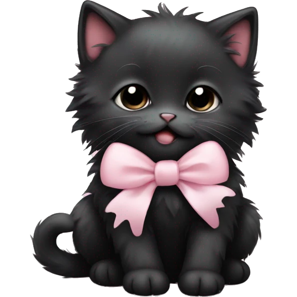 cute fluffy black kitten crying with pale pink bow emoji