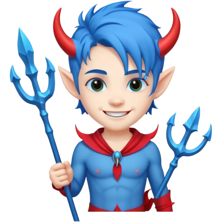 Blue-haired devil with trident, cute face, half body emoji