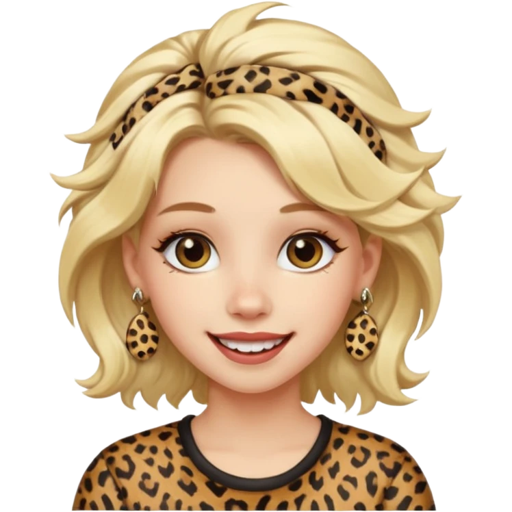 Une fille blonde et joyeuse. Elle porte une coiffure rock et originale avec des pinces pour cheveux  léopard et motif peau de vache. emoji