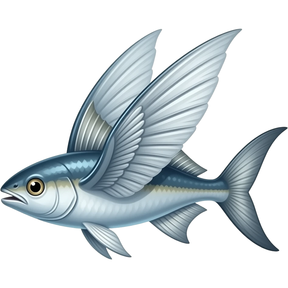 create a  long flying fish with long fins flyign and wings flying over the water emoji