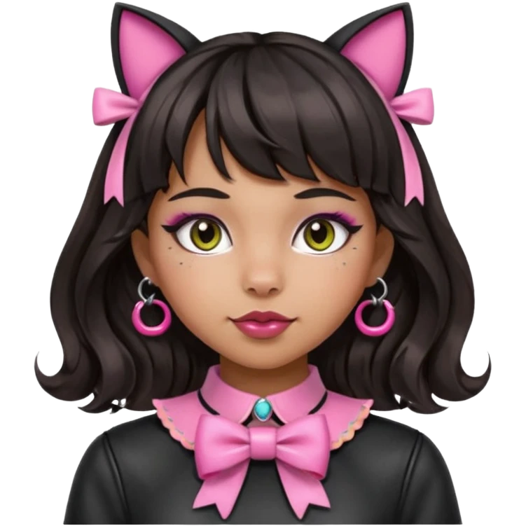 Change her clothes to reflect she is in the BDSM scene, such as wearing a black harness or leather top. Keep the pink bow on the collar, silver O-ring, bangs, bold makeup, medium Hispanic skin, long dark wavy hair, and cat ears. Maintain the apple emoji style with a transparent background. emoji