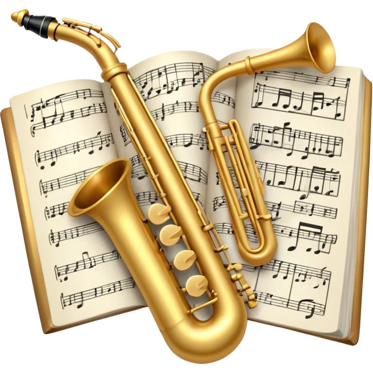 Create an elegant and artistic emoji that represents music arrangement and orchestration. The design should feature a conductor's baton, musical scores, and various orchestral instruments (drums, violin, trumpet, electric guitar, synthesizer). Incorporate flowing lines to represent harmony and orchestral balance, along with a subtle representation of sheet music. Use rich, classical colors like gold, silver, or deep blue, and create an atmosphere of sophistication and precision. The background should be transparent. emoji