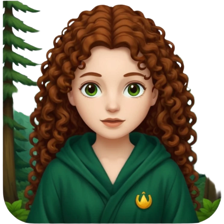 A white woman, a little thicker, with long dark auburn hair robed and hooded like she's a Traitor in the tv show The Traitors. her hair is mostly curly (kinda frizzy, not clean curls) and the robe is a dark dark forest green color emoji