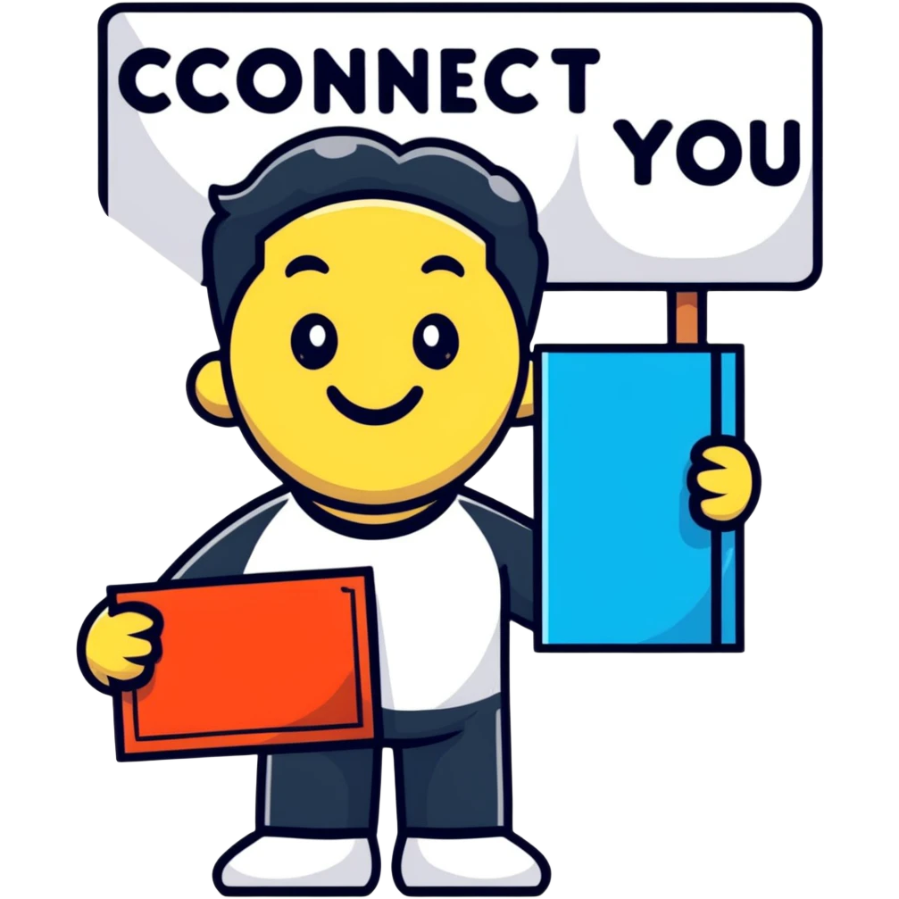 Happy guy holding up a sign with the words connect you emoji