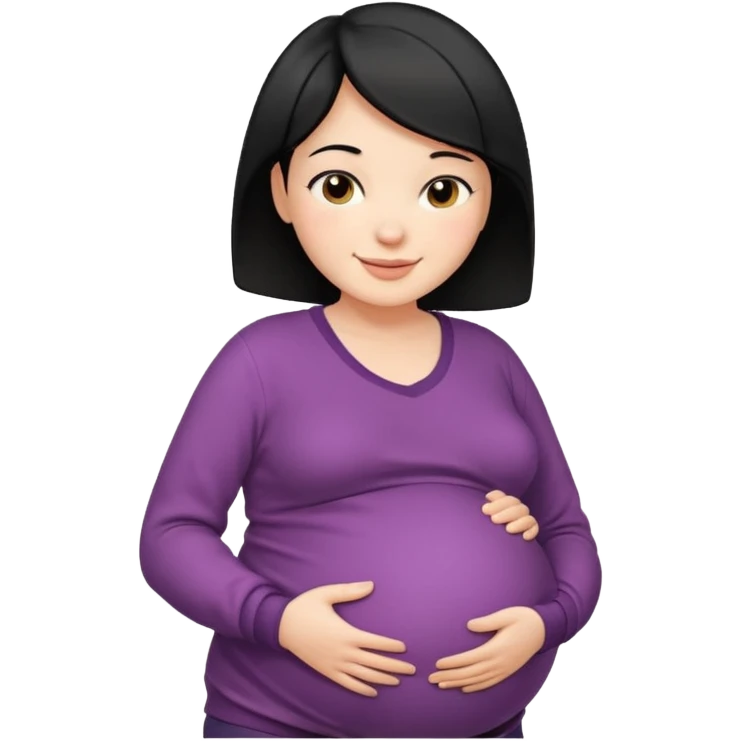 pregnant woman with short black hair happily touching her big belly while wearing warm clothes emoji