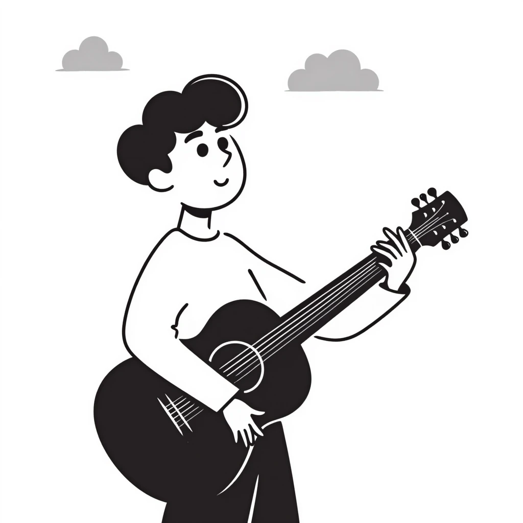 A musician holding a guitar, with a sad expression, looking up at the sky, waiting for an opportunity emoji