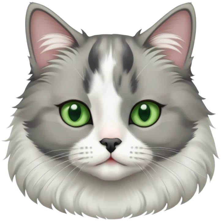 Gray and white  tuxedo cat medium hair with a a black nose and green eyes emoji