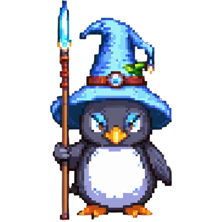 penguin wizard with a pointy hat and magic staff emoji