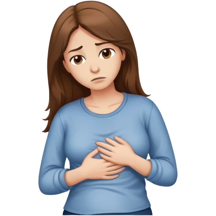 Sad women with long brown hair rubbing stomach with shirt on emoji