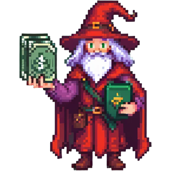 Red wizard CEO with spellbook and money pouch, fantasy RPG guild leader, pixel art style emoji