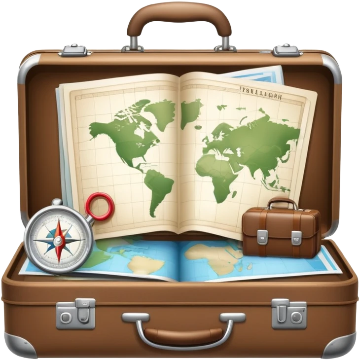 An icon featuring a suitcase, hotel building, symbolizing the scientific study of tourism and hospitality. The design includes a map, a compass, and a checklist, representing travel planning and service management. Transparent background highlights the academic exploration of the tourism industry. emoji