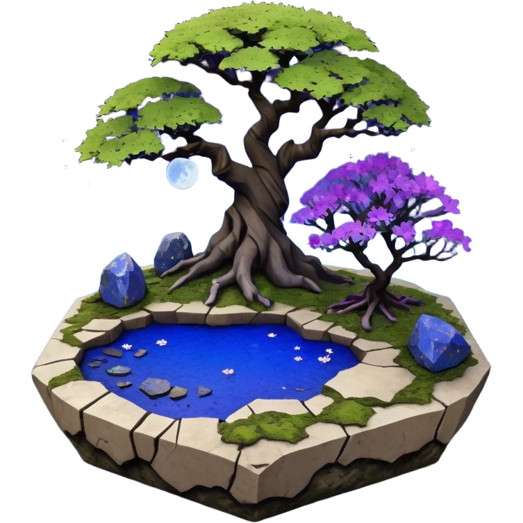Alien saucer poolhouse jungle winding narrow stairway fountain lakeside mountainside -island getaway nighttime landscape antique mudman very old broken cracked intricate Stone Age lapis-crusted irregular dodecagon-shaped shallow dark moss rough bark violet serissa flowered maple tree bonsai emoji