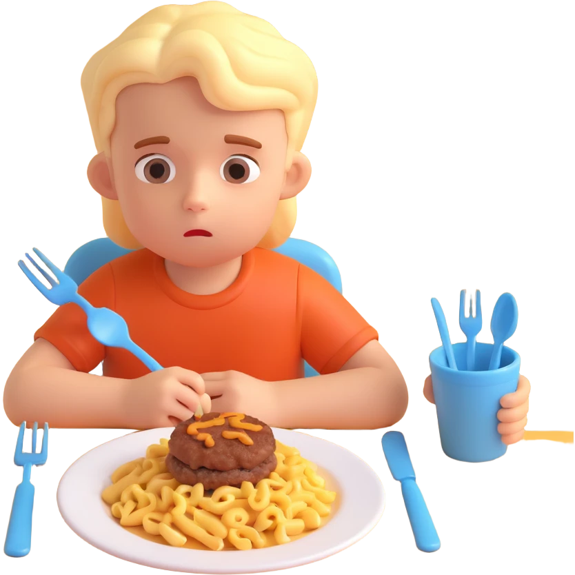 A stylized 3D character of a 6-year-old child sits at a table, looking bored at a plate of macaroni and a meat patty, absentmindedly poking the macaroni with a fork. emoji