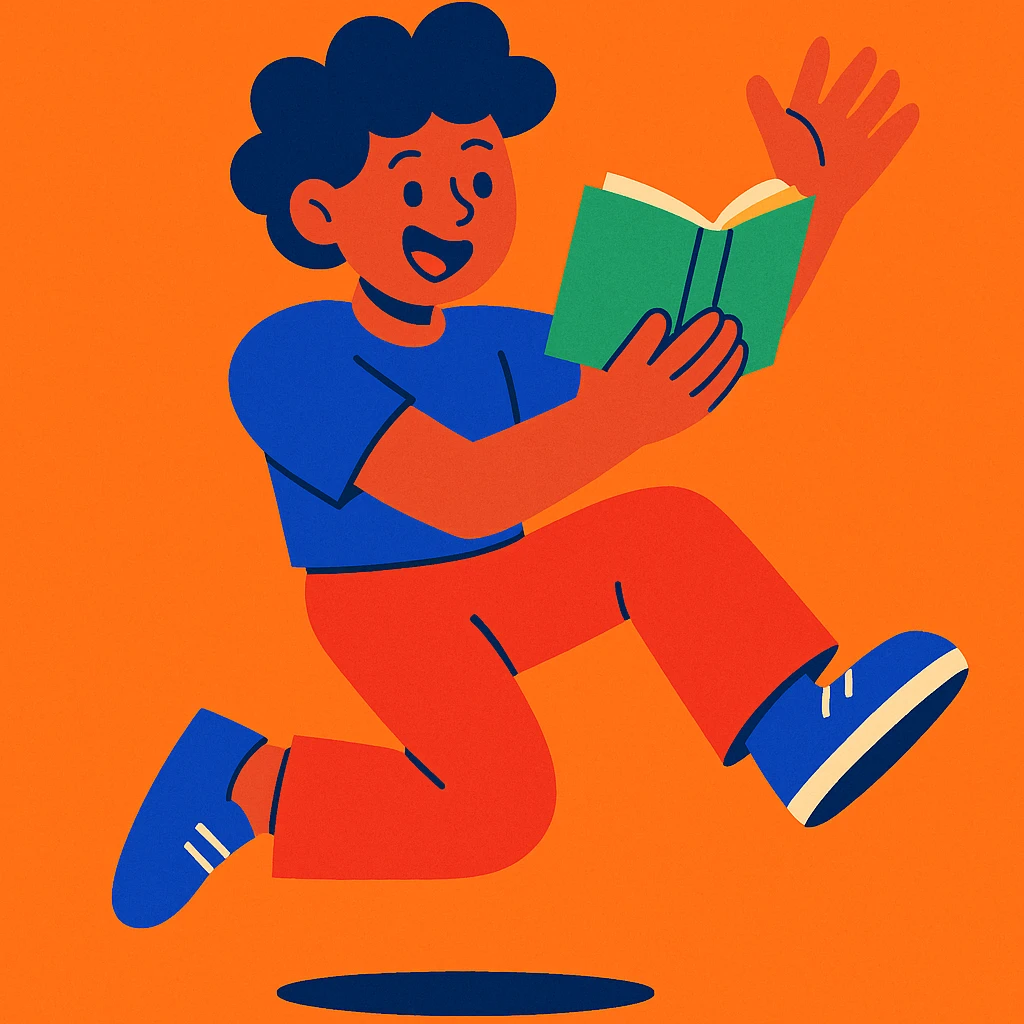 a person dancing while reading a book, joyful expression, energetic pose, clear book visible, vibrant and playful style emoji