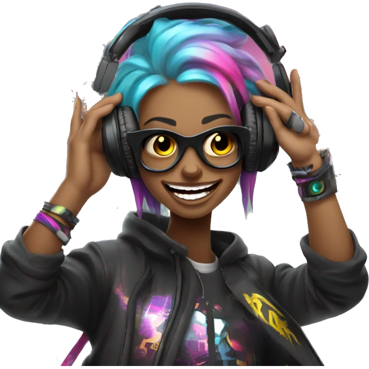 Crazy Raver Smile With headphones and make up making rock with the hands and a cyberpunk city in the background emoji