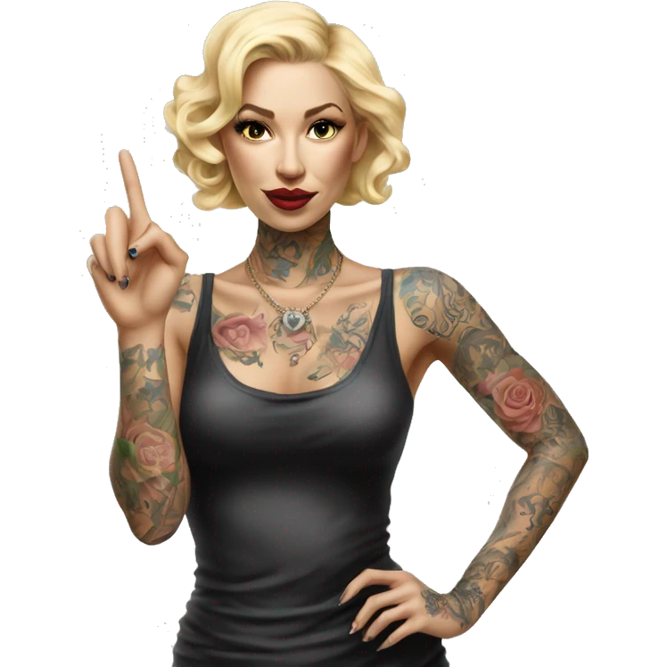 Blonde elegant women, her Body Covered with Tattoos, POINTING YOU with her HAND , Hyper realistic emoji