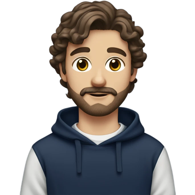 White boy with dark brown medium length wavy hair and a beard and mustache and the prettiest hazel eyes in a navy sweatshirt emoji