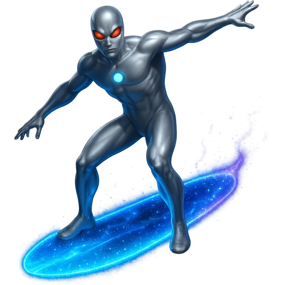 Make the board glow with a space energy effect, keep the silver surfer standing, no background. The style should emphasize a space energy glowing effect on the board with the silver surfer figure clearly visible and standing. emoji