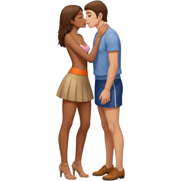 A naked girl with brown hair and bare small breasts openly kisses a tall guy with brown hair full-length on the lips. she is with naked boobs She is wearing a very short skirt and is in full height.she also all naked boobs emoji