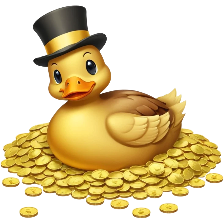 Duck character in top hat swimming in pile of gold coins and money bags emoji