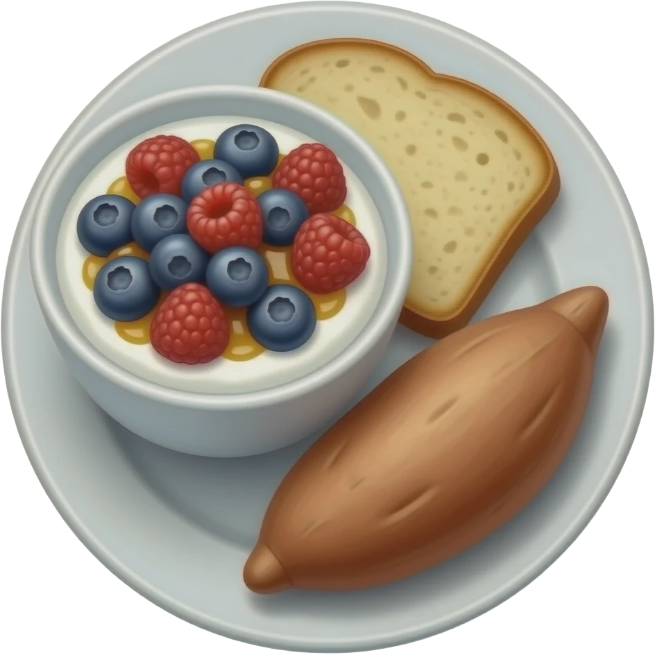 Realistic Plate with greek yogurt bowl topped with blueberries raspberries and maple syrup and sourdough slice topped with a lot of olive oil and a sweet potato on the side HD emoji