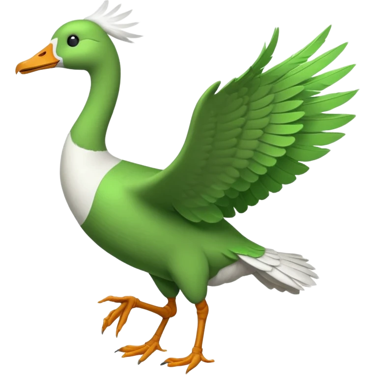 Emoji of a running goose with a very long neck and two legs. Use 🪿 shape but color it bright green (#39C700). The wings should be folded close to the body, not flapping. The legs should be clearly in a running motion, showing dynamic movement, not static. emoji