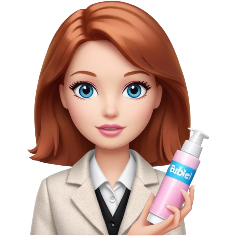 A Barbie girl with blue eyes, shoulder-length reddish-brown hair, made-up, in a white tweed jacket and black skirt, holding a tube of pale pink face cream emoji