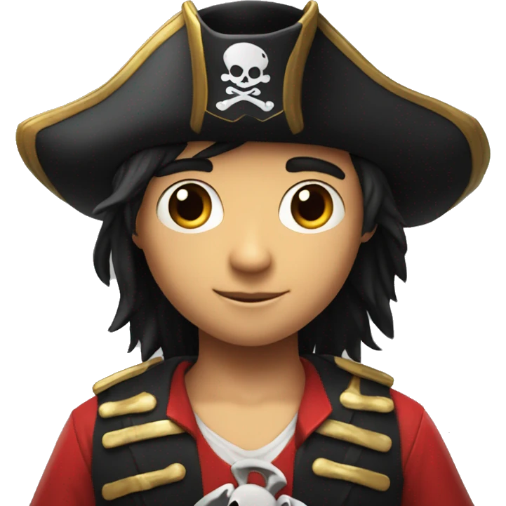 A boy, 12 years old, black hair, shiny eyes, a red pirate costume, a pirate hat with an image of crossbones and a skull, stands reading a red book emoji