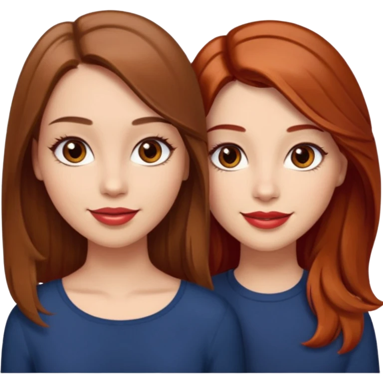 I want you to create me an emoji of two girls: one with light skin, shoulder length hair (straight and brown), brown eyes with very long eyelashes and full lips; the other girl must also have light skin, shoulder length hair (wavy and red), brown eyes and a nice smile with glossy lips emoji