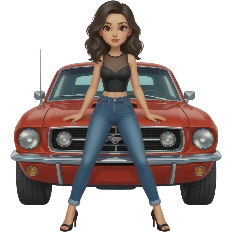 Pale girl with black wavy hair and brown eyes in front of a red ford mustang 1968 coupe. Girl wearing a sheer black sleeveless top, medium neckline, jeans and heels with visible toes. Legs wide spread and hand resting on the hood. emoji