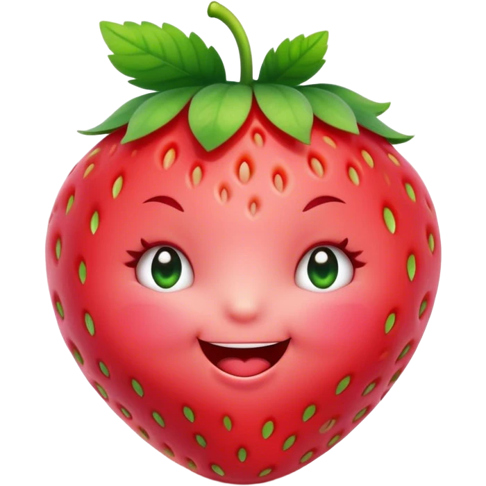 Cinematic plump happy strawberry, glossy bright red, tiny round eyes and blushing cheeks, green leafy top slightly tilted, cheerful and charming. emoji