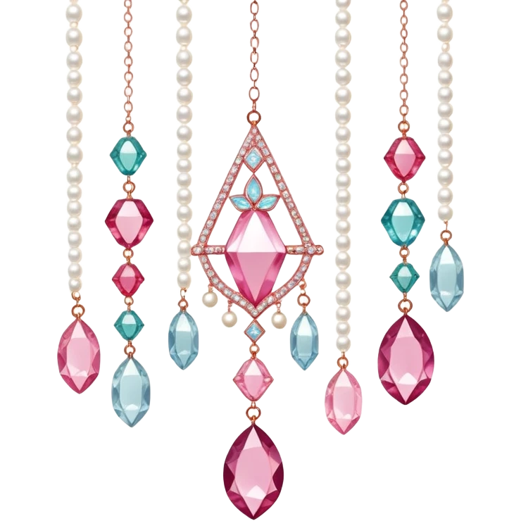 Rose-colored pastel glistening glossy sparkly shiny glittery hanging crystals pearls and beads and gemstones decorations emoji