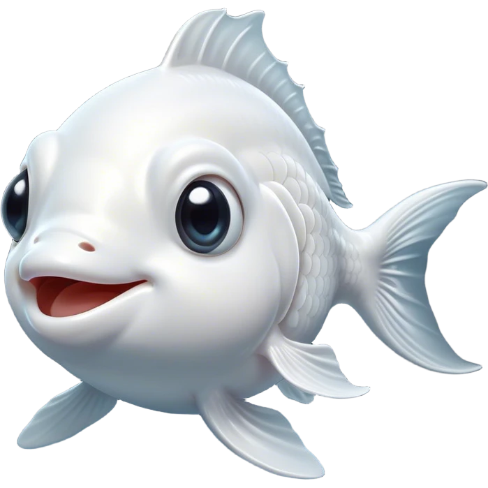 Cinematic Comical White Goldfish Portrait Emoji, Head tilted dramatically with an exaggeratedly amused expression, featuring a striking, glossy pure white body with elegantly fluttering fins, wide, expressive pale eyes filled with playful disbelief, Simplified yet hilariously expressive features, highly detailed, glowing with a slightly sassy glow, high shine, dramatic yet playful, stylized with an air of cheeky mischief, bright and endearing, soft glowing outline, capturing the essence of a spirited and over-the-top goldfish, so meme-worthy it feels like it could side-eye its way into internet fame instantly! emoji