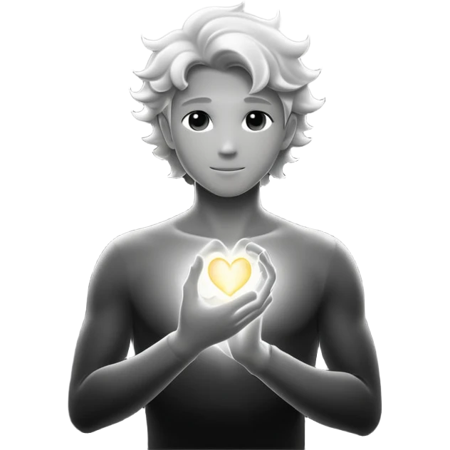 radiant youthful male silhouette with soft flowing light waves, glowing spark at heart, faint ripple of energy at fingertips, minimalist black or silver silhouette with gentle aurora-like glow emoji