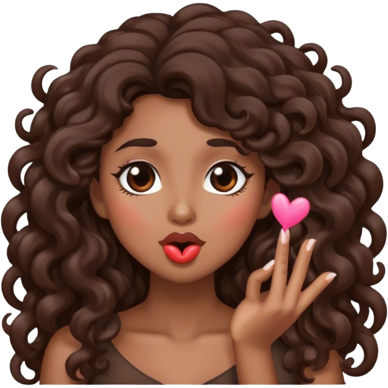 Brown woman with dark brown long curly hair blowing a kiss  emoji