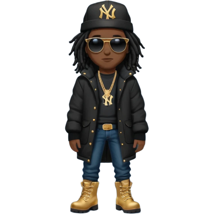 African American man with shoulder length black dreadlocks and black sunglasses wearing a black New York Yankees baseball hat wearing a black bubble winter coat with denim skinny jeans and timberland boots wearing a crown emoji