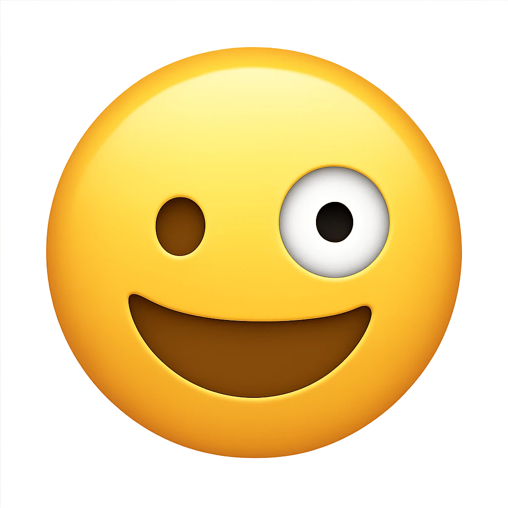 Make this a classic smiley yellow circled emoji with one large and one small eye, in the style of Emojipedia. Keep the background transparent. emoji