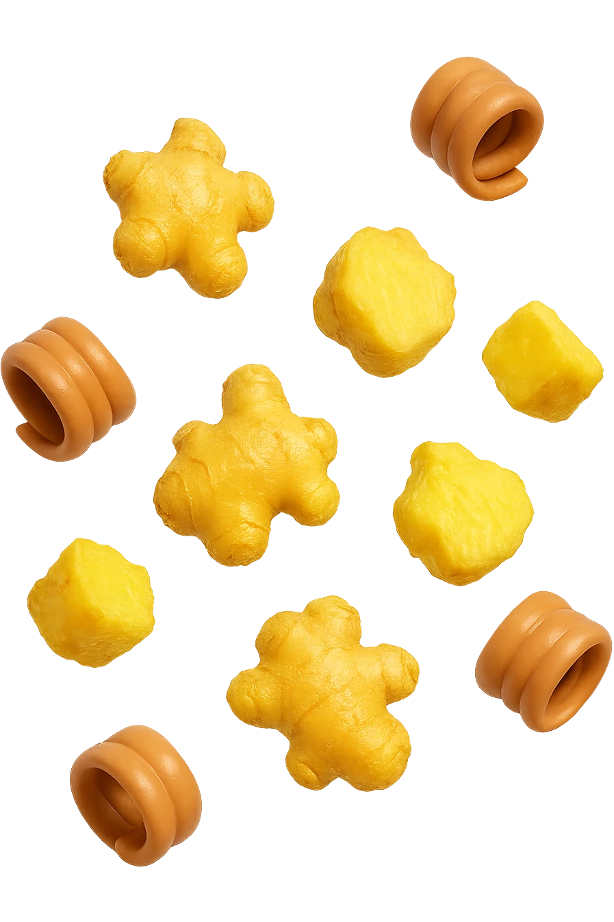 emoji stile iphone 3d di piccoli pezzi di zenzero che fluttuano in aria con pezzi di colon arrotolati intorno, iperrealistico 4k emoji