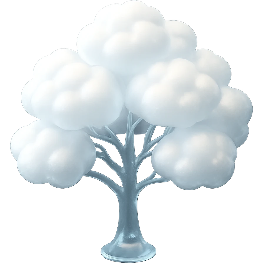 one tree with many branches and a white trunk, crown made of small very bright white fluffy convex clouds, matte glass style emoji