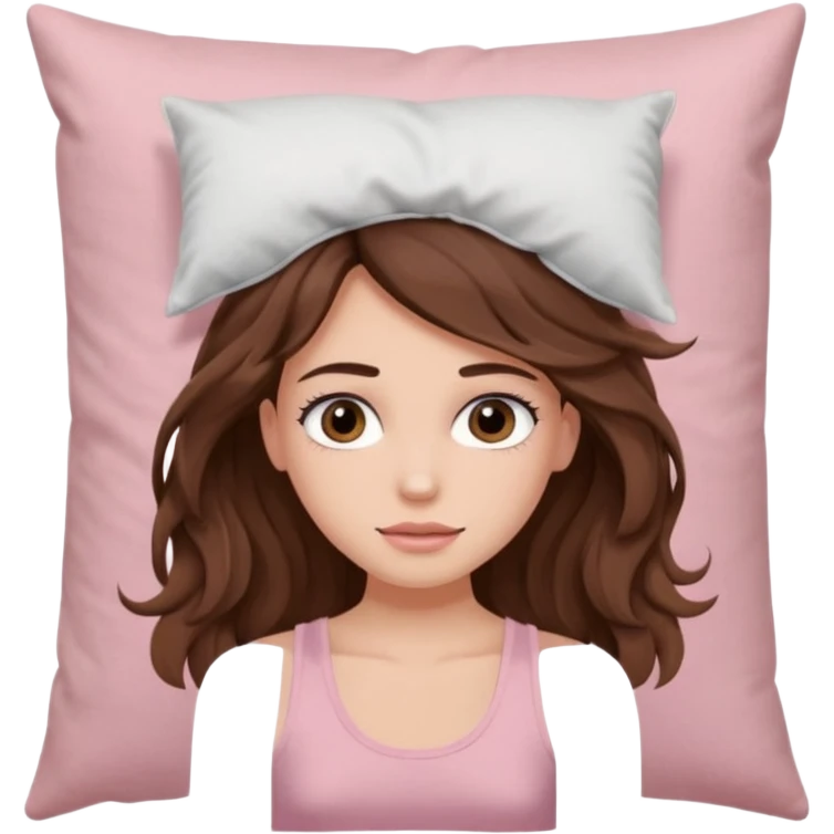 girl with brown wavy long hair and brown eyes with eyelashes and a powder pink tank top holding a pillow only from shoulders to head 9:16 ratio (tiktok screen size) emoji