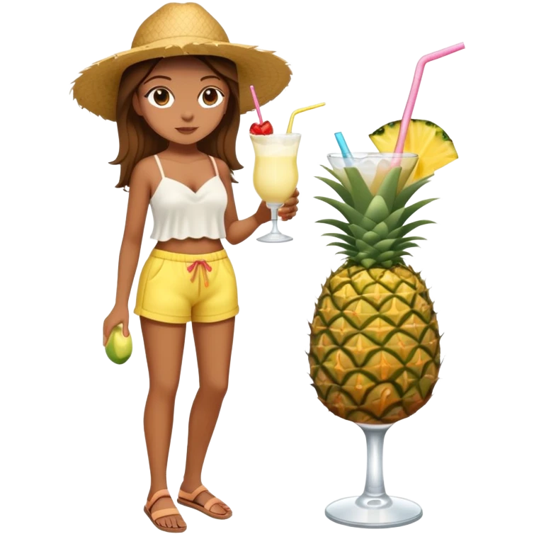 Full body of a very tan skinned girl with brown hair wearing a summer outfit sipping a piña colada emoji
