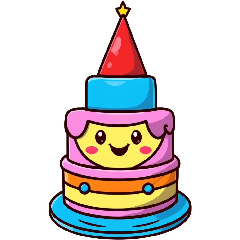 cute birthday cake with smiling face and party hat emoji