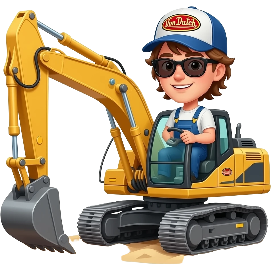 Jeune Homme aux cheveux mi long brun avec casquette von dutch et des lunettes de soleil et des vêtements de chantier qui conduit une Grosse pelleteuse sur du sable emoji