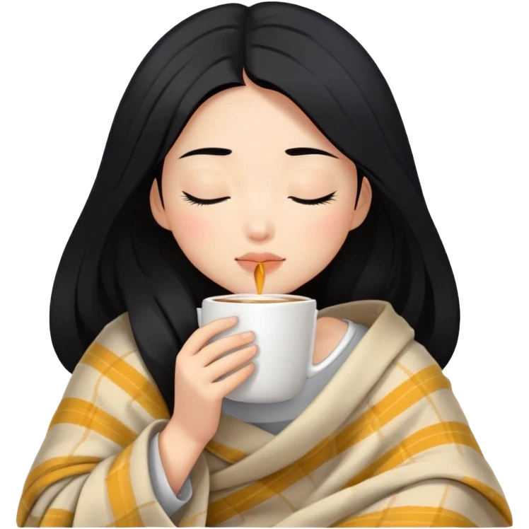 Asian girl inside a blanket sipping coffee eyes closed black hair emoji