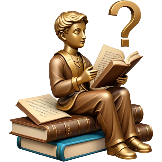 An icon featuring a thinker statue, a scroll, and a question mark, symbolizing philosophy. The design includes books, and abstract symbols representing deep thought and wisdom. Transparent background highlights the study of ideas, logic, and existential questions emoji