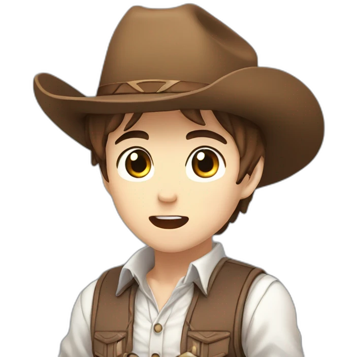 Young male cowboy with brown hair and brown eyes, wearing a white shirt with a blue vest and a brown cowboy hat, anime chibi style, surprised, mouth open emoji