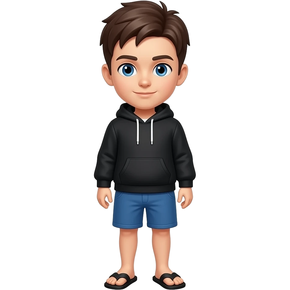 short brown hair, blue eyes, black hoodie blue shorts, black slides emoji