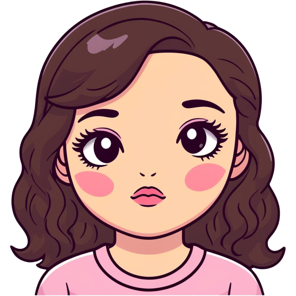 girl with light wheatish skin, dark brown long wavy hair, pouty shiny lips with berry lip gloss, large eyes with eyelashes, pink blush on cheeks, inner eye highlighted with white eyeliner, button nose emoji