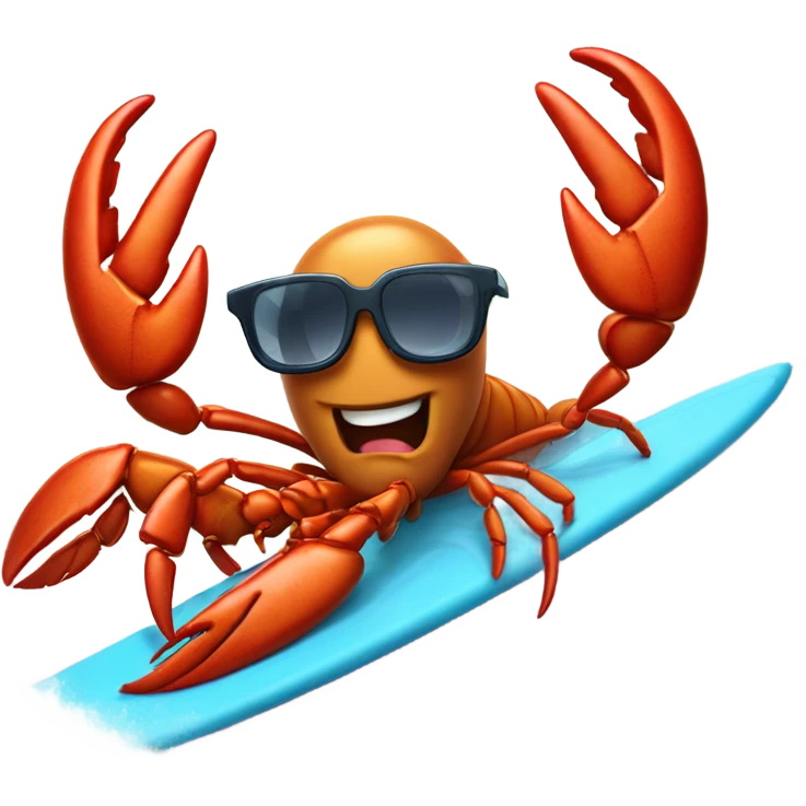 A lobster with glasses, reading fine literature as he is surfing on a surfboard, riding a huge tidal wave  emoji
