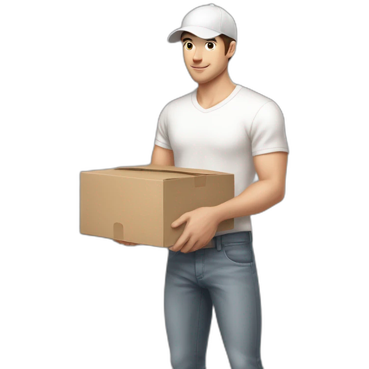 Pale skinned fit Man with dark brown hair in a white cap, gray jeans and beige polo T-shirt keeping a pasted box into his hands emoji